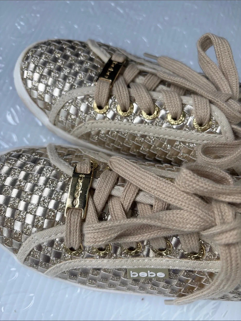 bebe Metallic Beige Woven Lace-Up Sneakers with Gold Accents